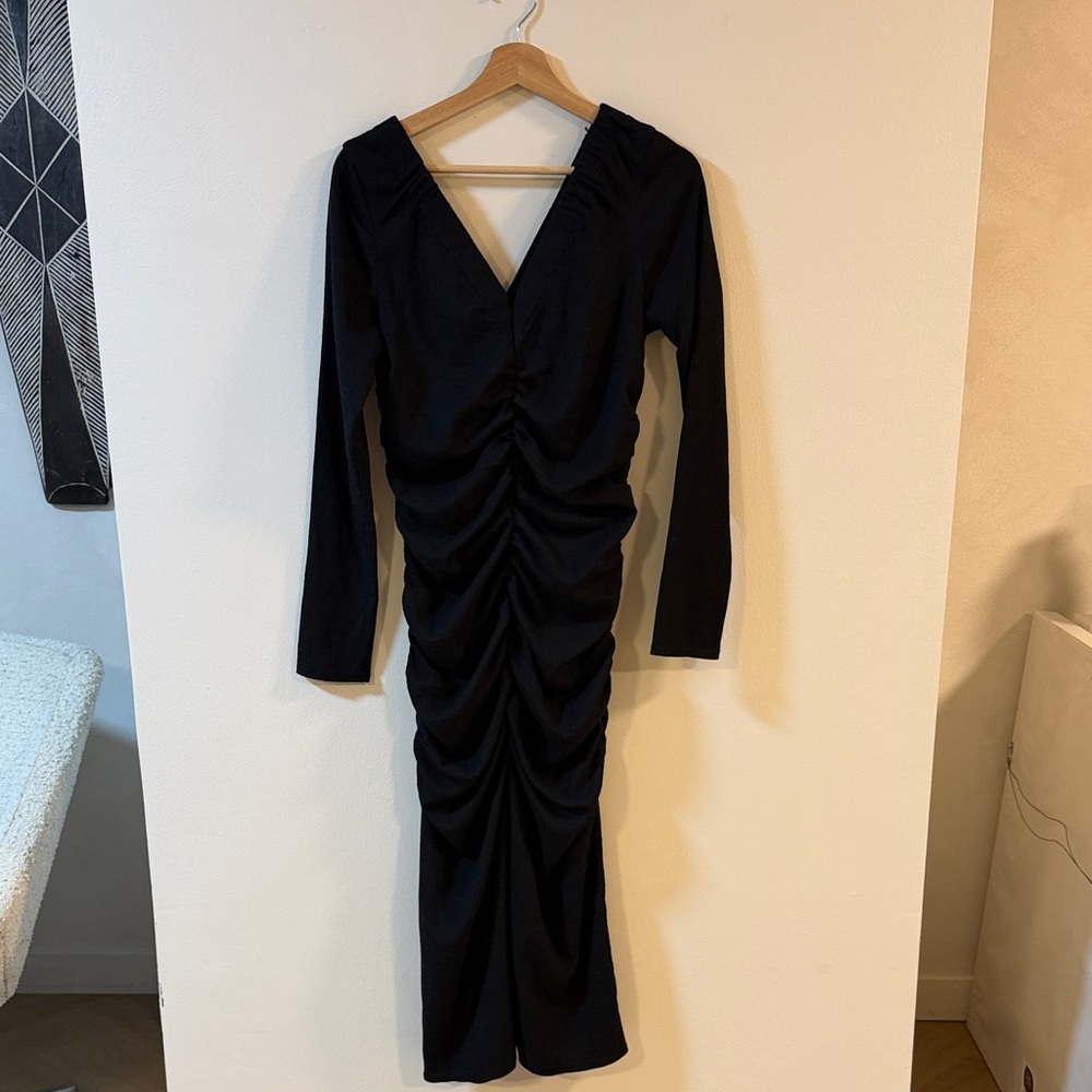 H&M Black Long-Sleeve Ruched V-Neck Midi Dress